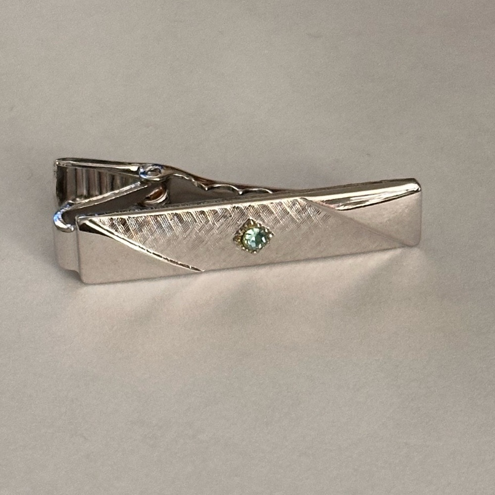 Silver Tone Tie Clip with Blue Rhinestone